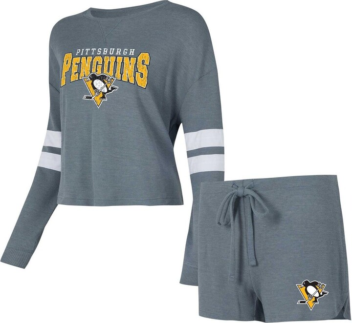 Women's Concepts Sport Gray Distressed Pittsburgh Penguins MeadowÂ Long Sleeve T-shirt and Shorts Sleep Set