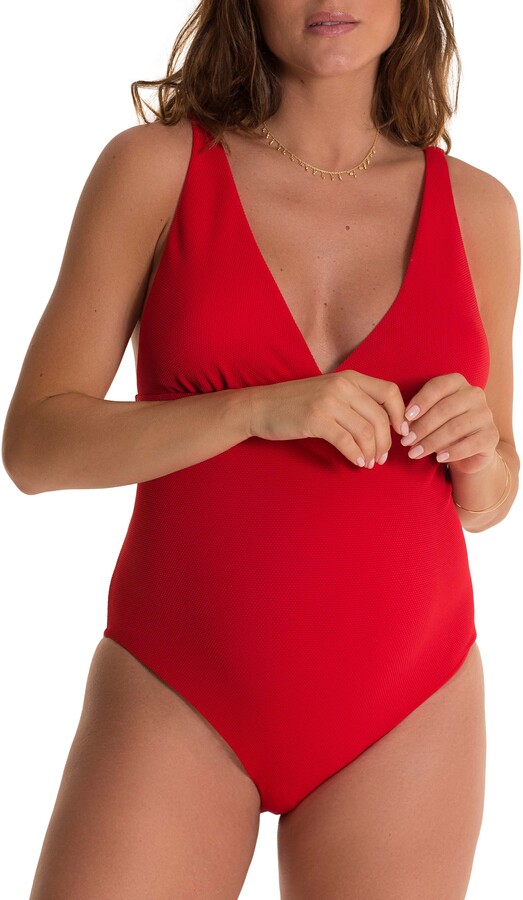 red maternity bathing suit