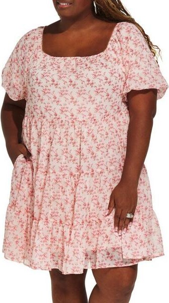 Women's DAVI & DANI Bubble Sleeve Tiered Shift Dress 1X Cream Red