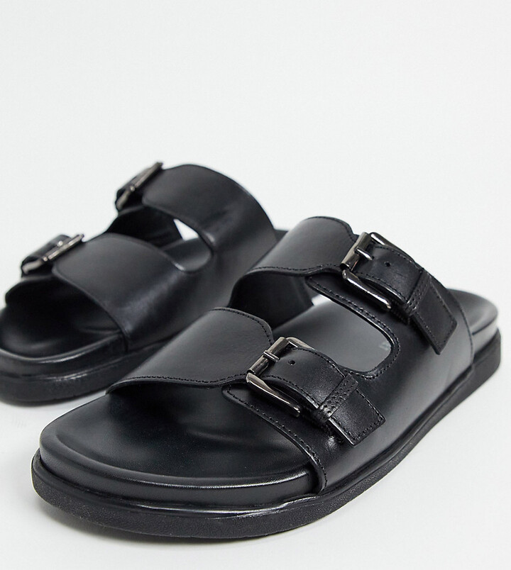 Silver Street Wide Fit leather double buckle footbed sandals in black ...