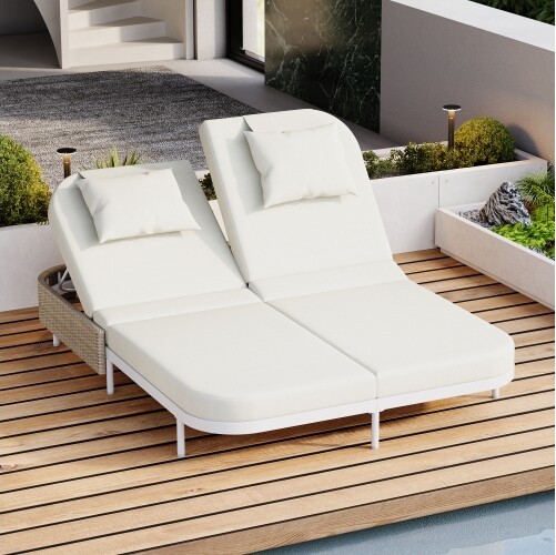 Flynama Outdoor Daybed Rattan Sun Lounger with Shelter Roof with Adjustable Backrest Storage Box and 2 Cup Holders