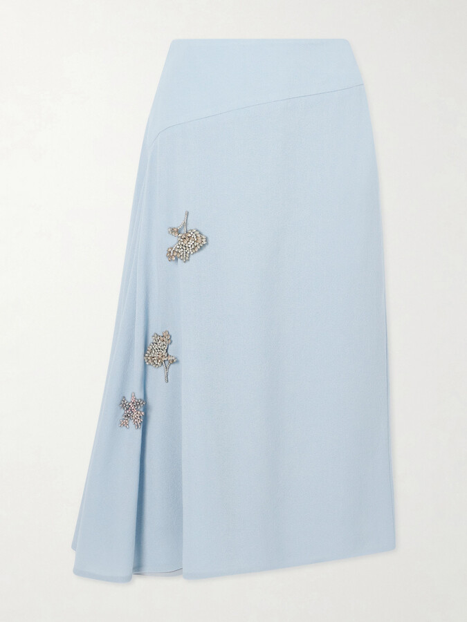 Erdem Asymmetric Draped Embellished Wool-crepe Midi Skirt - Blue