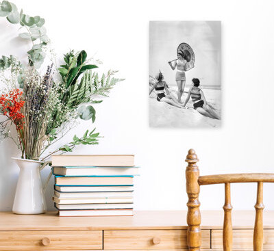 Highland Dunes 1920S Three Smiling Women In Swimsuits At The Beach Two Sitting One Standing Holding An Oriental Paper Umbrella Classic Retro Vintage Beach Landsca...