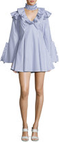 Thumbnail for your product : Caroline Constas Micki Choker-Collar V-Neck Ruffle-Trim Dress, Blue/White Stripe