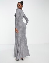 Thumbnail for your product : Goddiva sequin long sleeve wrap front maxi dress in silver