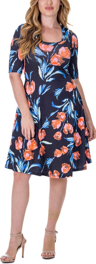 24seven Comfort Apparel Print Knee Length Elbow Sleeve Dress