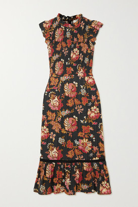Sea Pascale Ruffled Shirred Floral-print Cotton-voile Midi Dress - Black