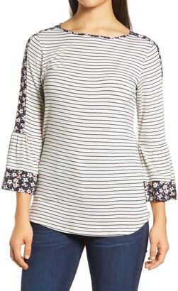 Loveappella Floral Stripe Flounce Sleeve Top