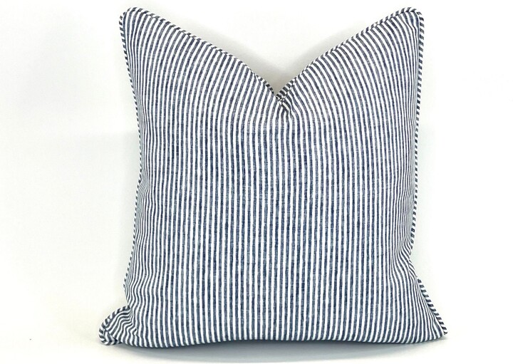 Ticking Stripe Pillow Cover in Dusty Blue & White On Woven Fabric | Description Below