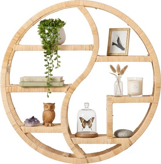Vintiquewise VintiquewiseRoundBambooWallShelfwith3-TierWoodenDisplayBohoCircleHangingShelfforLivingRoomBedroom&HomeDecor