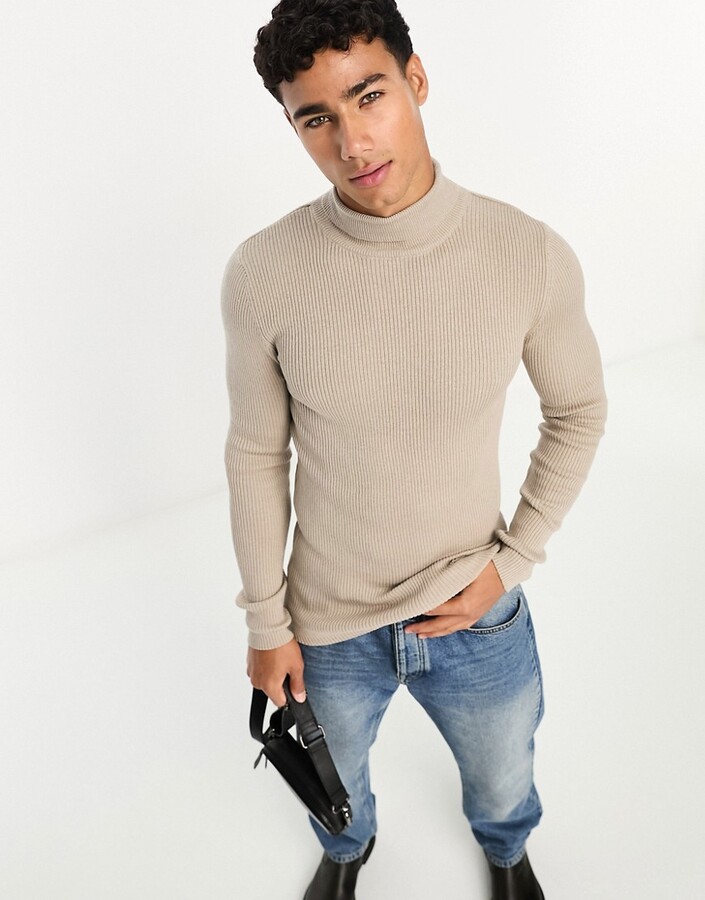 Neck Gerippter Rollkragenpullover Herren WeiÃƒÂŸ Beiger