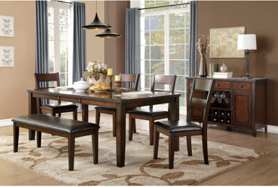 Hokku Designs Classic Pc Dining Set Wooden Table W Draw Leaf Bench And Side Chairs Faux Leather Upholstered Durable Furniture Transitional Ladder Back