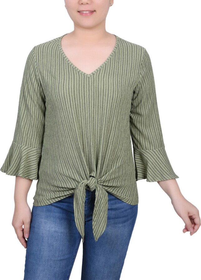 NY Collection Petite 3/4 Bell Sleeve Textured Knit Top