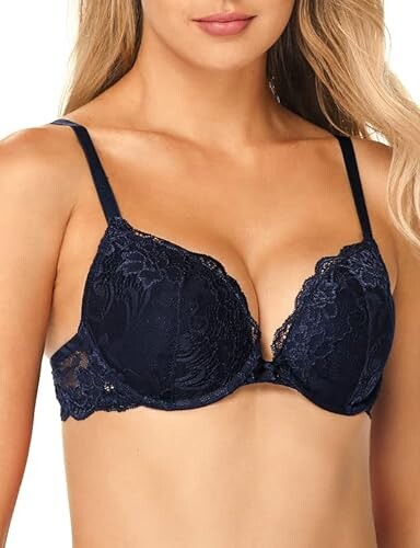 WingsLove Women's Push up Bra Underwire Support Bra Floral Lace Comfort  Padded Bra Demi Plunge (Navy Blue 38DD) - ShopStyle