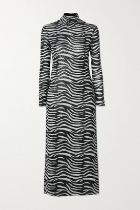 STAUD Brae Zebra-print Stretch-mesh Turtleneck Midi Dress - Zebra print