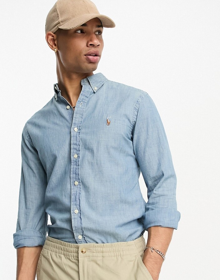 Polo Ralph Lauren icon logo slim fit chambray denim shirt in light wash -  ShopStyle