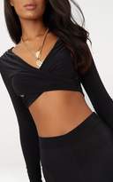 Thumbnail for your product : PrettyLittleThing Black Slinky Long Sleeve Wrap Drape Crop Top