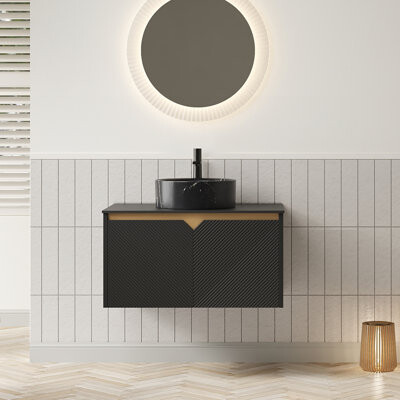 Ebern Designs Bathroom Vanity&Sink, Wall-Mounted Floating Plywood Storage Cabinet, Twill Double Doors with Metal Trim, Round Ceramic Vessel Basin with Stone Patte