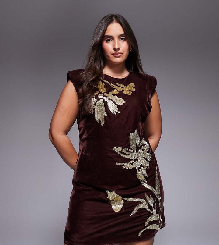 ASOS Curve ASOS DESIGN Curve velvet shoulder pad mini dress with floral embellishment in mulberry