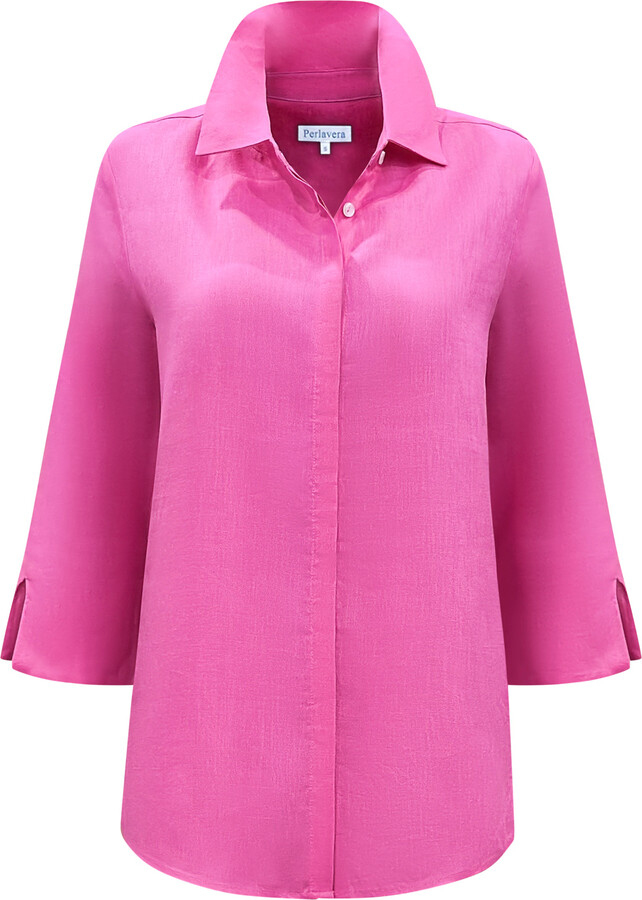 Perlavera Pink Lenar Carmina Rose Solid Linen Three Quarter Sleeve Length Missy Fit Shirt