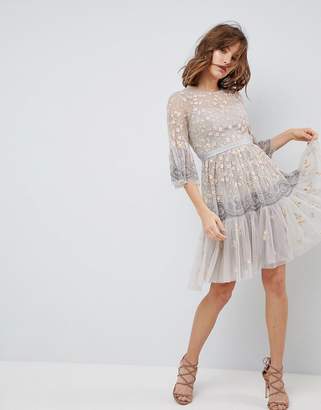 Needle & Thread Allover Embroidered and Embellished Midi Dress with Fluted Sleeves