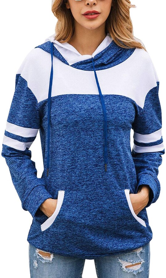 Hoodies for Women Striped Splicing Print Pullover Tops Button Drawstring Hooded Sweatshirt with Pocket 