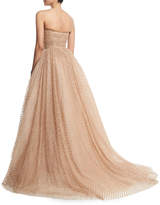 Thumbnail for your product : Monique Lhuillier Strapless Glittered-Dot Ruched-Bodice Tulle Ball Gown