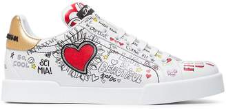 Dolce & Gabbana White Graffiti Heart Print Leather Sneakers
