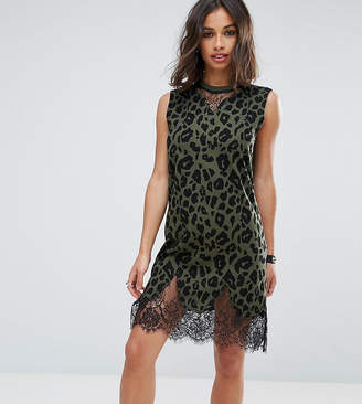 ASOS Petite PETITE Sleeveless T-Shirt Dress with Lace Inserts in Khaki Leopard Print
