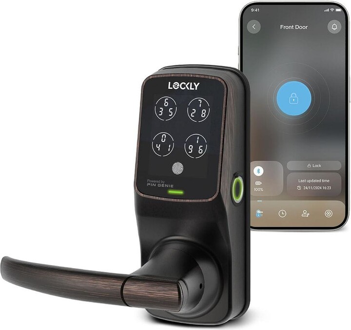 Lockly Secure Plus Venetian Bronze Spring-Loaded Latchbolt Smart Lock With Lever Door Handleset, Fingerprint, Keypad, Bluetooth