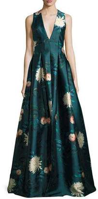 Sachin + Babi Dharma Plunging Sleeveless Floral-Printed Evening Gown