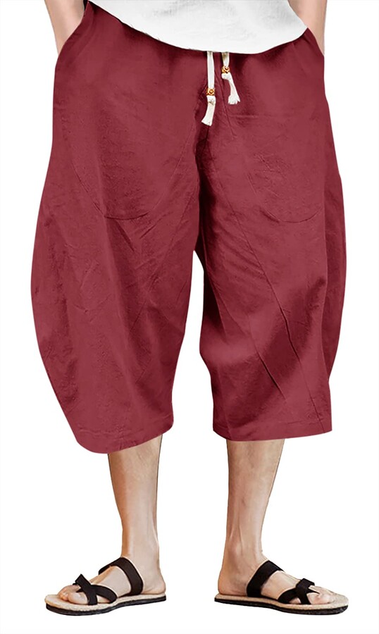 FEDTOSING Mens Casual Cargo Long Shorts Cotton Capri Pants Knee Length Shorts with Multi Pockets Elastic Waist