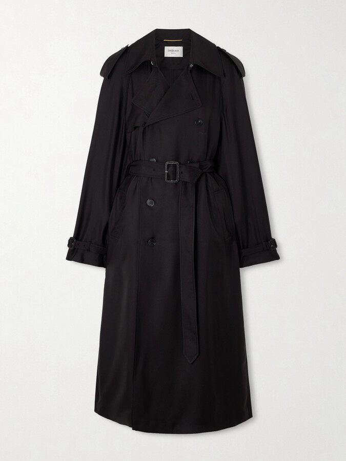 Saint Laurent Double-breasted Belted Silk-twill Trench Coat - Black