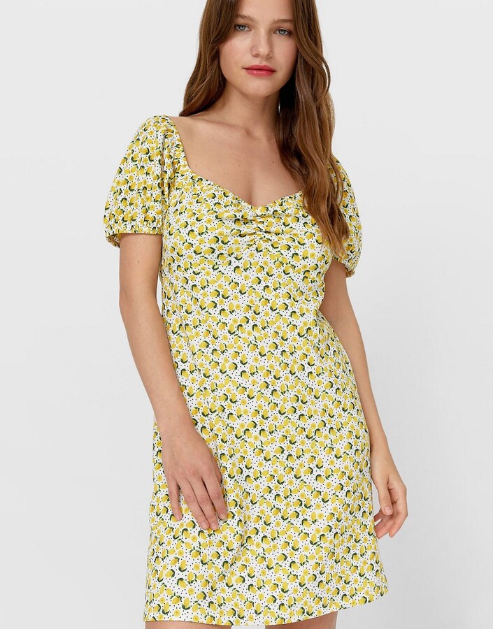 Stradivarius milkmaid mini dress in lemon print - ShopStyle