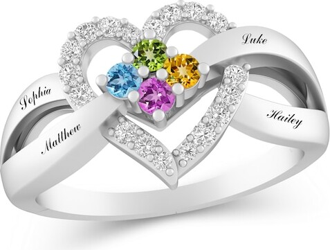 Zales Engravable Gemstone and White Lab-Created Sapphire Family Heart Ring (4 Stones)