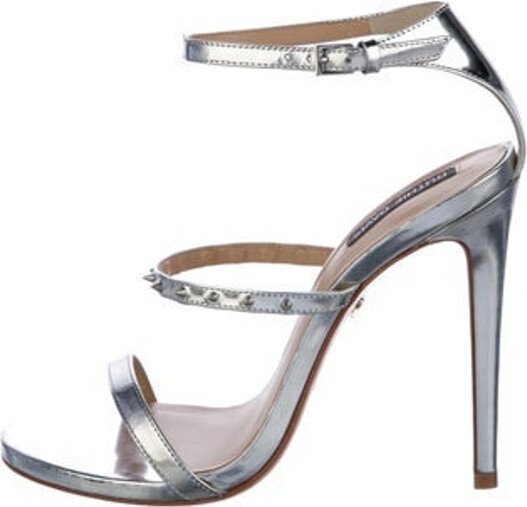 Ruthie Davis Patent Leather Sandals Silver Multistrap & Buckle Closure at Ankles Includes Box