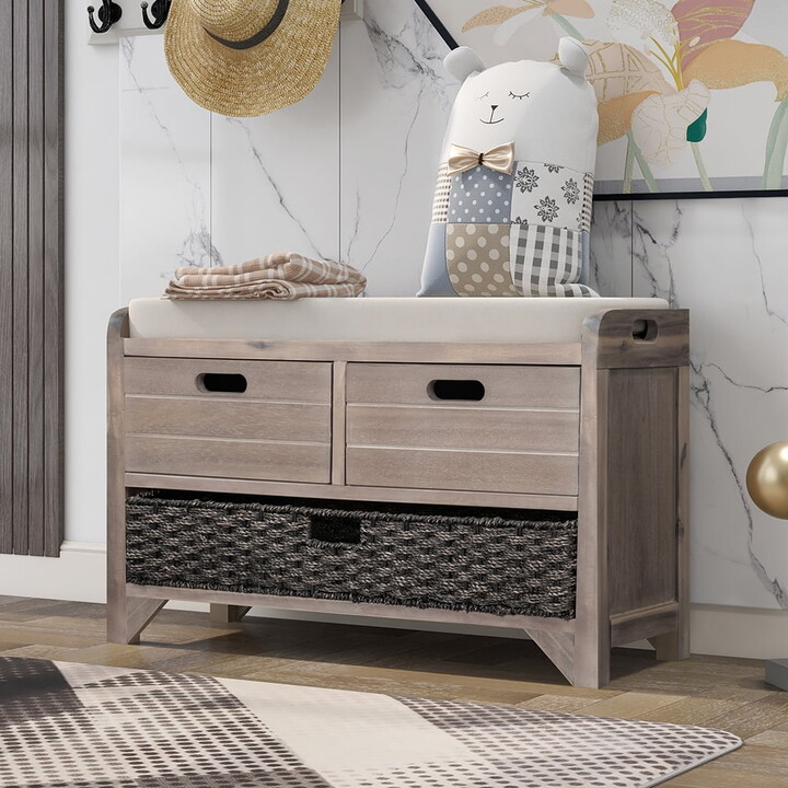 Hommoo Fully Assembled Storage Bench, Entryway Bench with Removable Basket and 2 Drawers, Shoe Bench for Hallway Entryway, Brown