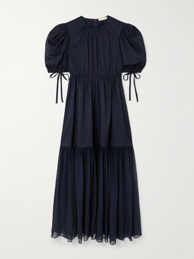 Ulla Johnson Collage Gathered Cotton-poplin And Silk-georgette Midi Dress - Blue