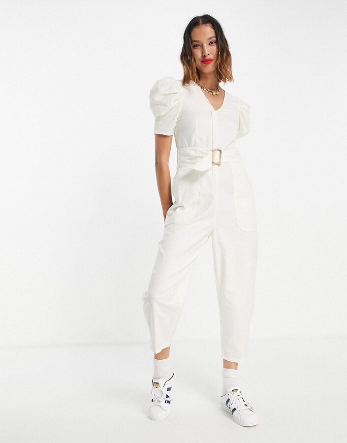 lager Natuur Bestuiver Urban Revivo belted puff sleeve jumpsuit in off white - ShopStyle