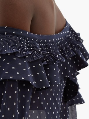 Self-Portrait Ruffled Off-the-shoulder Dobby Blouse - Navy