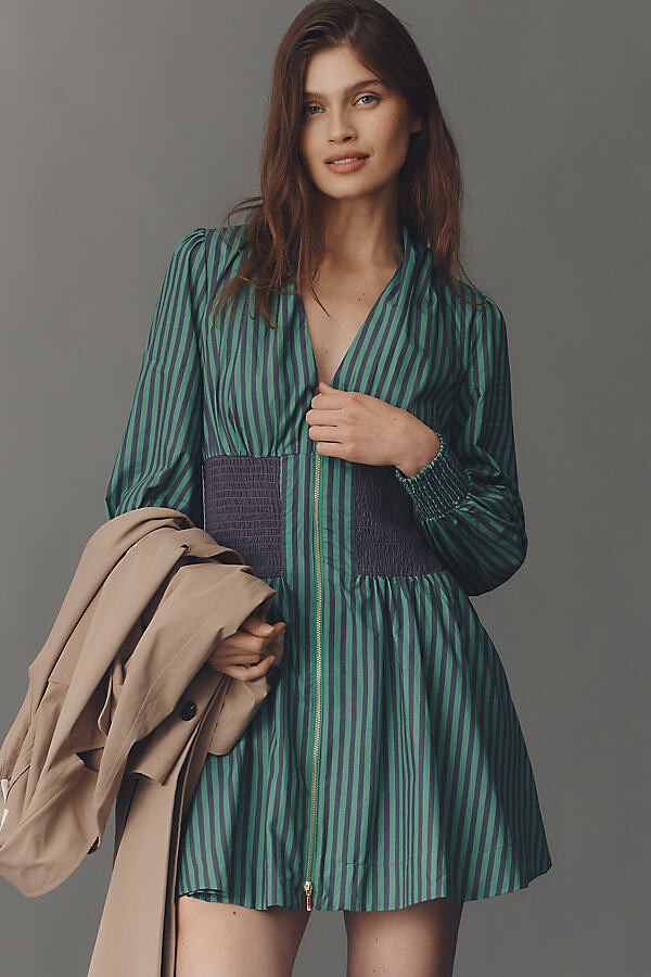 By Anthropologie The Tommie Long-Sleeve Smocked Front-Zip Mini Shirt Dress