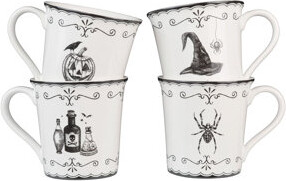 222 Fifth Elegant Haunting 4-Piece White Porcelain Halloween Mug Set - Witch Hat, Jack-o’-Lantern, Potion Bottles & Spider - 20.29 oz