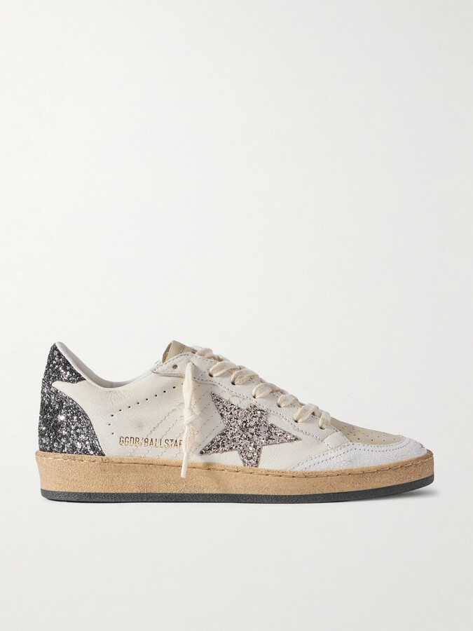 Golden Goose Ballstar Glittered Distressed Leather Sneakers - White