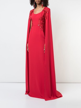 Marchesa Notte Embroidered Cape-Effect Gown