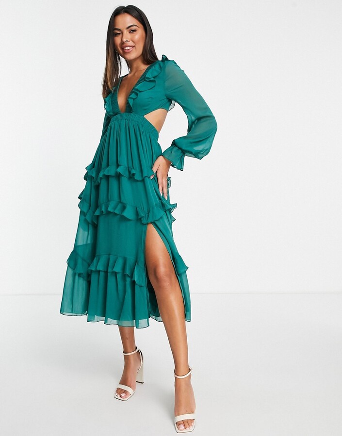 ASOS DESIGN tiered ruffle midi dress with elastic waist and lace up back  detail - ShopStyle