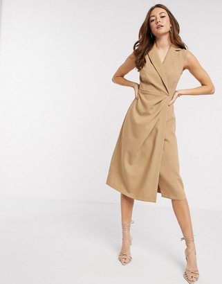 Closet London wrap midi dress in camel - ShopStyle