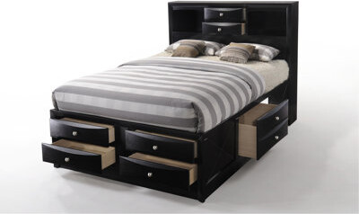 Latitude Run Black Queen Bed With Storage, 8 Drawers In Frame, 5 Slats, No Box Spring Needed Finish Storage Bed, Rectangular Bookcase Headboard, Support Legs, Reco