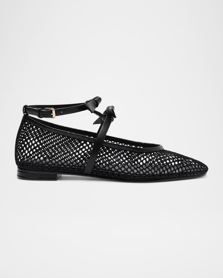 Alexandre Birman Slim Clarita Bow-Strap Fishnet Ballerina Flats