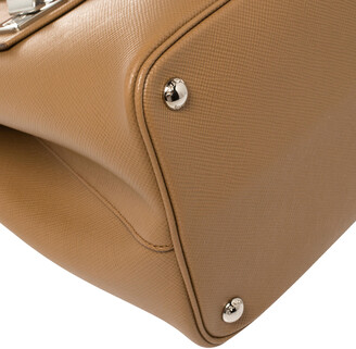 Prada Tan Saffiano Cuir Leather Double Turn Lock Top Handle Bag