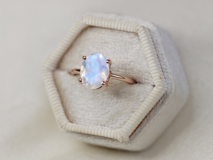 Etsy 10x8 Oval Moonstone Solitaire Ring, Faceted Rainbow Engagement June Birthstone Something Blue, 14K Solid Gold Silver